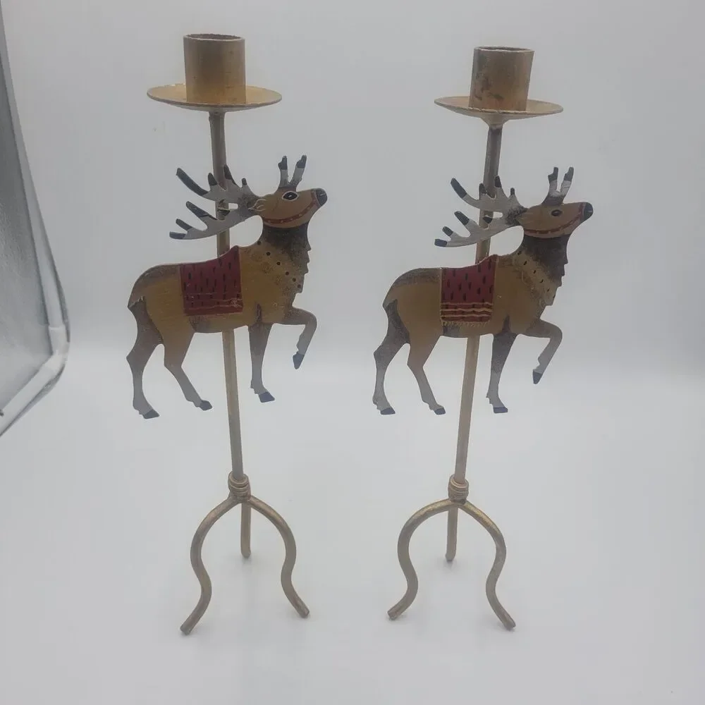Christmas Metal Reindeer Candle Holder Candlestick Pair Hand Painted Elk Caribou